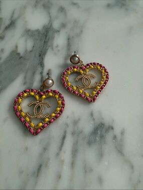 CHANEL Pink and Yellow Heart CC Drop Earrings with Pearl Accent